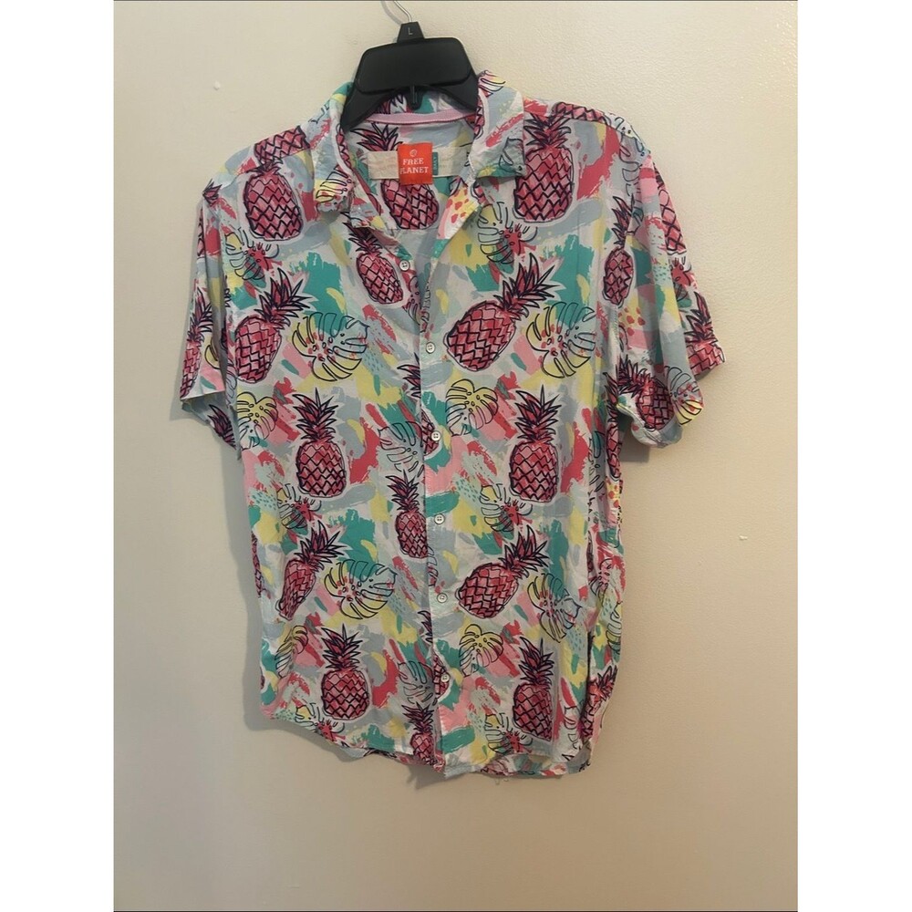 Free Planet Tropical Pineapple Button Front SS Shirt Beachy Vacay Resort Large